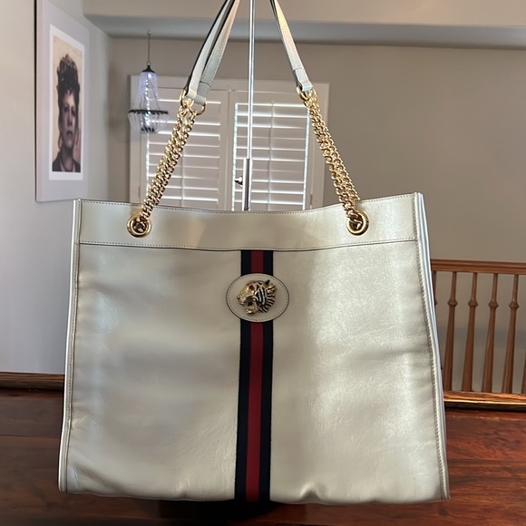 GUCCI Rajah Sylvie Web Leather Tote Bag Large w/Pochette White - Picture 2 of 16